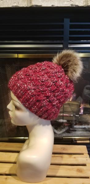 Red twist knit hat with faux fur pom picture
