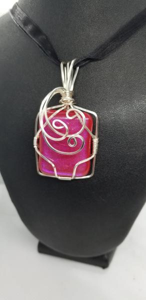 Hot Pink wire wrapped dichroic glass pendant picture