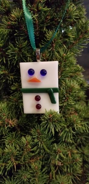 Frosty the Snowman glass ornament with green scarf