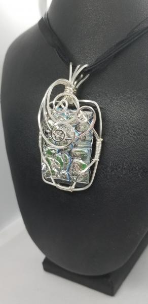 Silver wire wrapped dichroic glass pendant picture