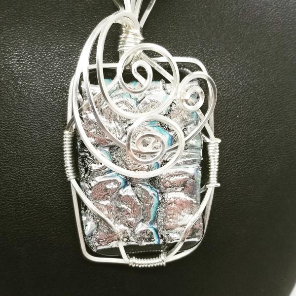 Silver wire wrapped dichroic glass pendant