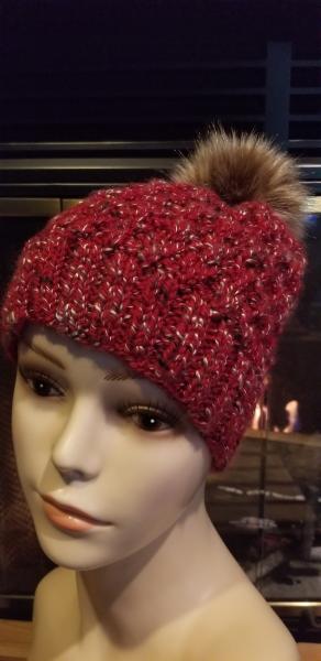 Red twist knit hat with faux fur pom picture