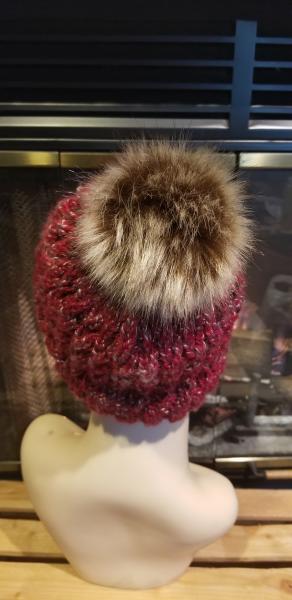 Red twist knit hat with faux fur pom picture