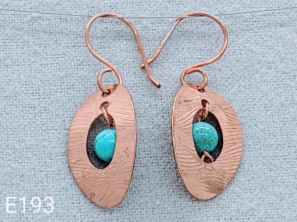 Textured oval copper earrings with Turquoise beads