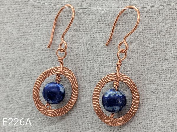 Textured copper earrings with lapis beads