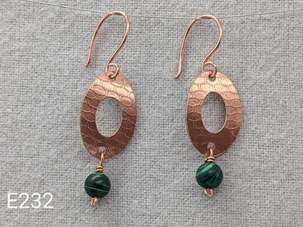 Textured copper earrings with Malachite beads.