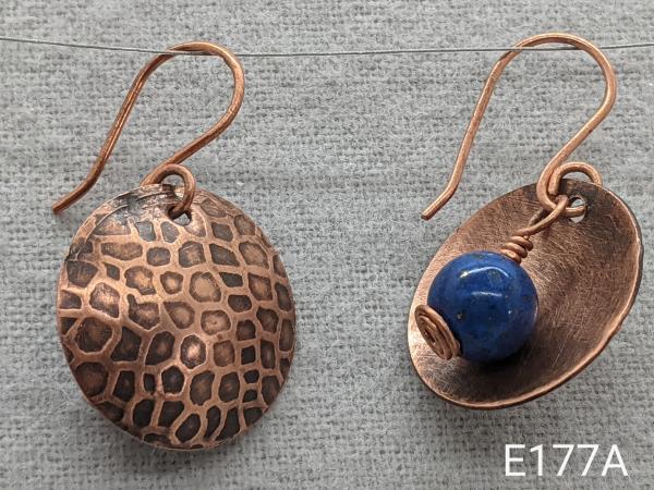 Textured cupped copper earrings with lapis beads