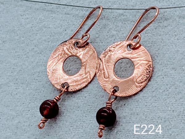 Textured copper earrings with red quartz beads