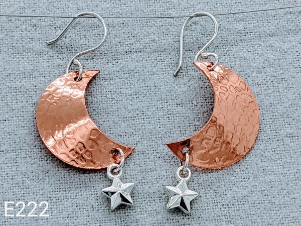 Copper crescent moon earrings with texture and silver stars
