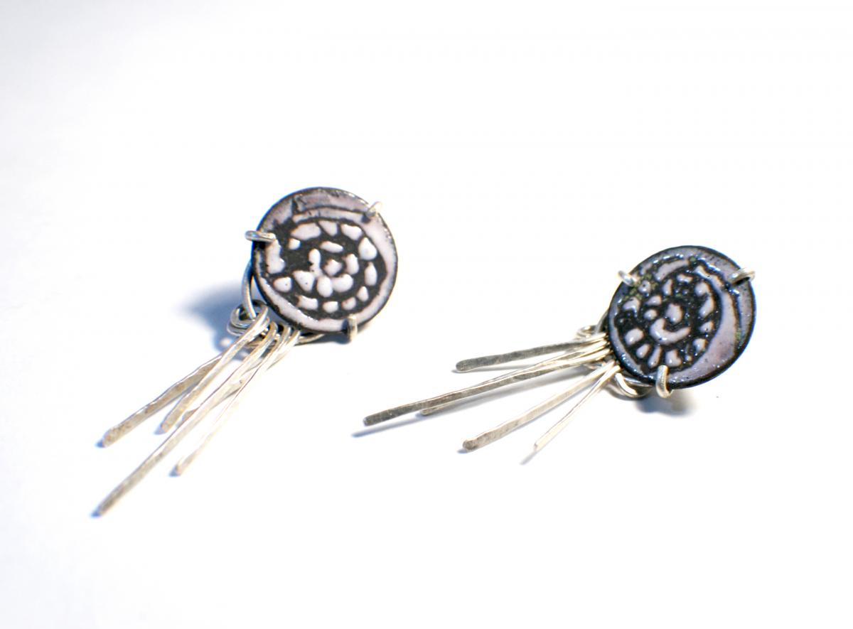 Boho Spiral black and white post earring with silver dangle picture