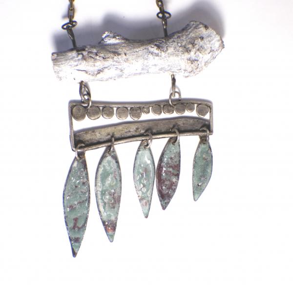 Long leaf boho necklace with turquoise enameled leaves picture