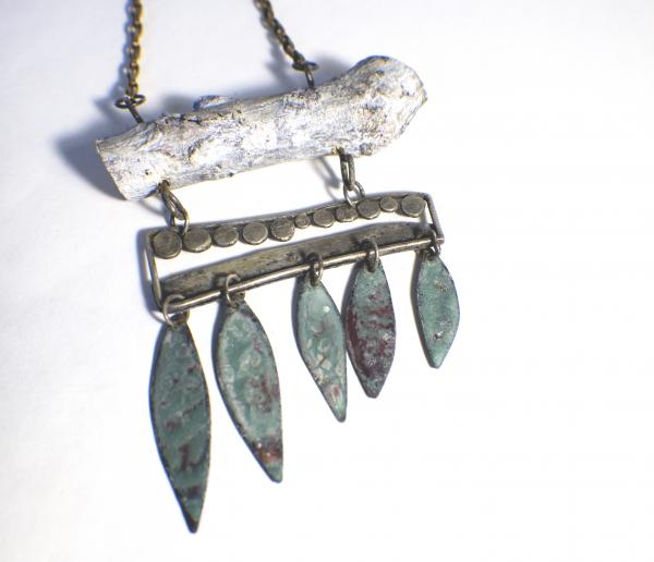 Long leaf boho necklace with turquoise enameled leaves