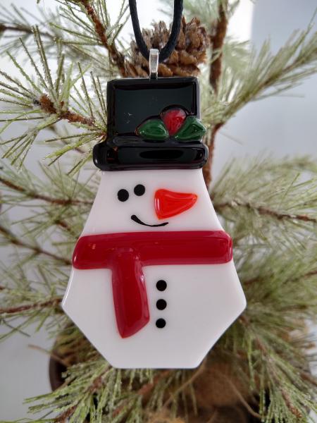 Fused Glass Snowman Ornament - Black Hat