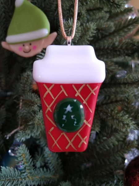 Fused Glass Coffee Cup Ornament - red