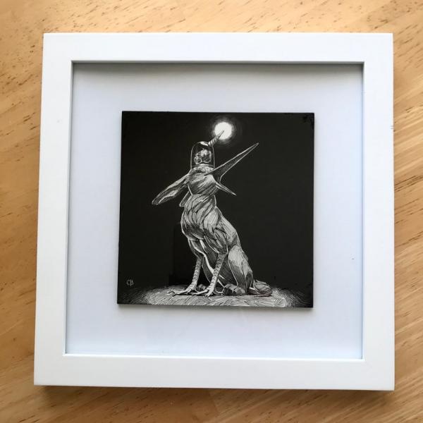 Original Framed Ink Scratchboard: Monster Buddy Project, Curious Creature picture