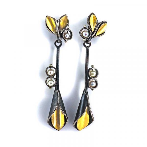 OXIDIZED SILVER, PEARL AND 22K GOLD FLUTE DANGLE EARRINGS