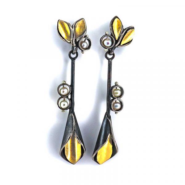 OXIDIZED SILVER, PEARL AND 22K GOLD FLUTE DANGLE EARRINGS picture