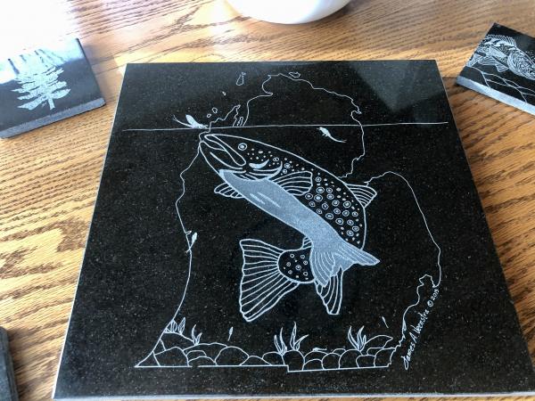 Etched Michigan Trout Granite Lazy Susan Hotplate picture