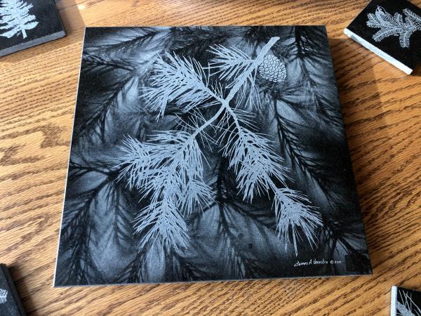 Etched pine boughs pine cone granite Lazy Susan hot plate picture