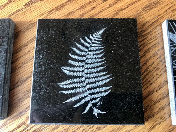 Etched fern polished granite drink coaster/tile