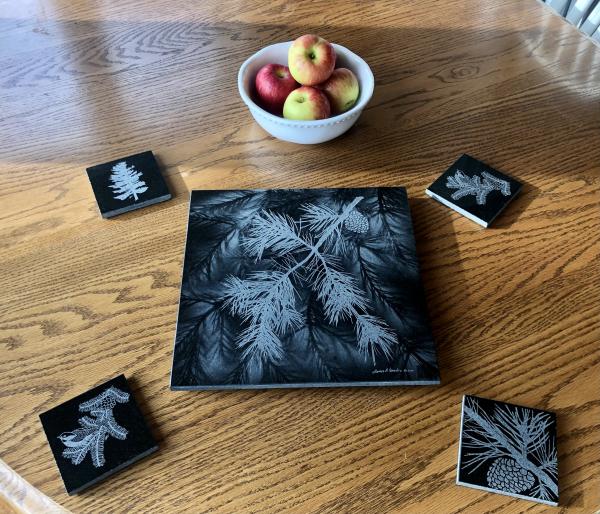 Etched pine boughs pine cone granite Lazy Susan hot plate picture