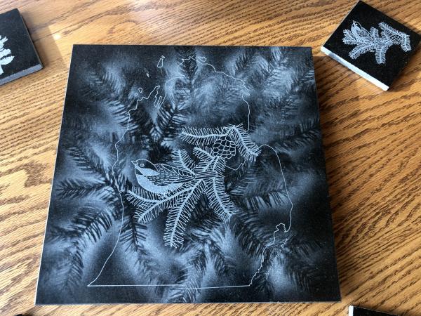 Etched Michigan Chickadee black granite lazy Susan hot plate picture