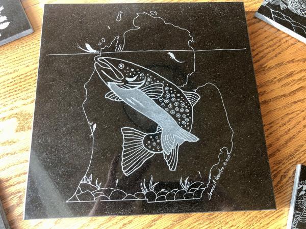 Etched Michigan Trout Granite Lazy Susan Hotplate picture