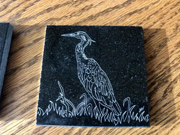 Etched tiles/coasters Heron picture