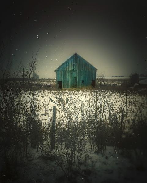 Blue Barn in Snow 2