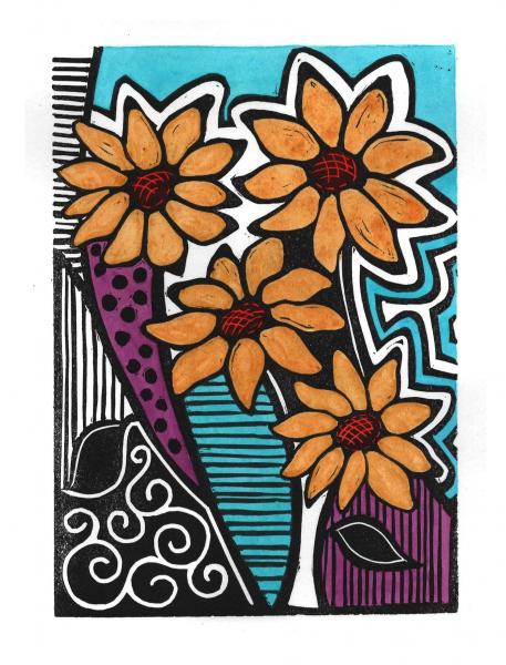 Hand-Painted Linocut Print - Daisies picture