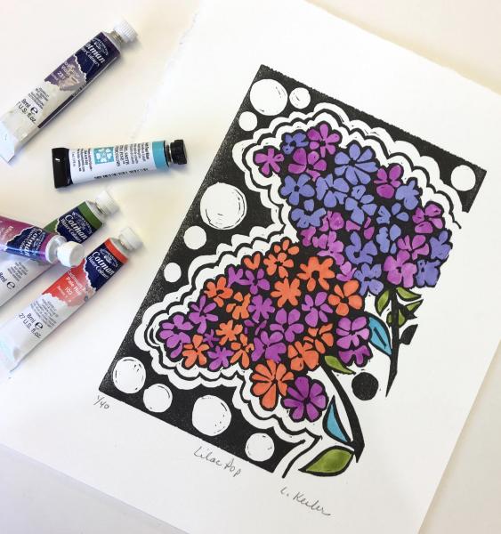 Hand-Painted Linocut Print - Lilacs picture