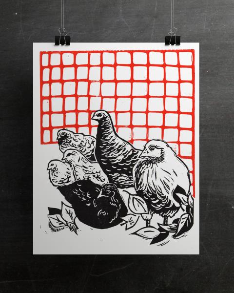 Backyard Chickens Linocut Print picture