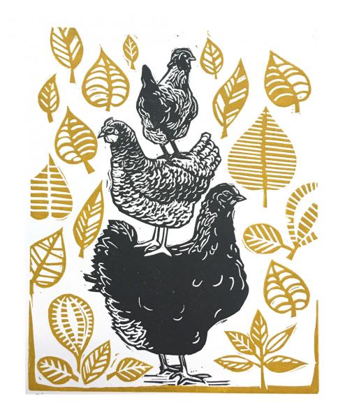 Stack of Chickens Linocut Print picture