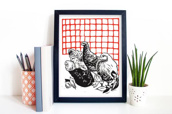 Backyard Chickens Linocut Print picture