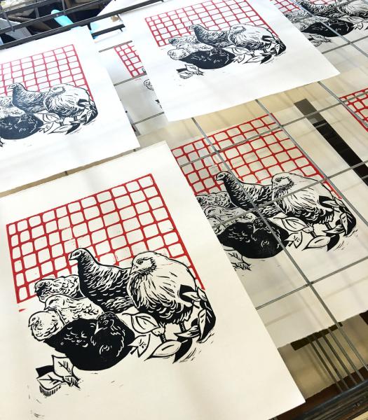 Backyard Chickens Linocut Print picture