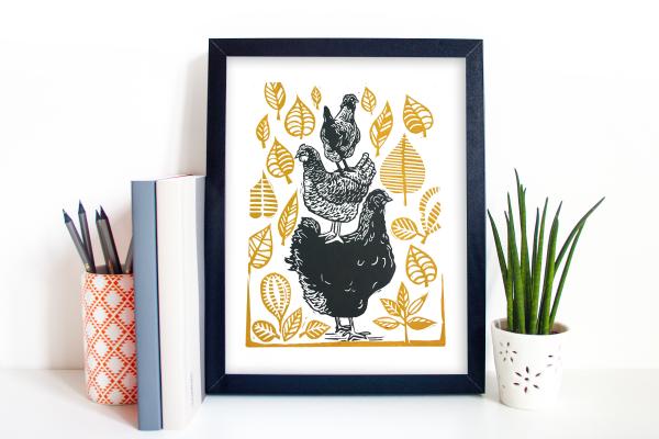 Stack of Chickens Linocut Print picture