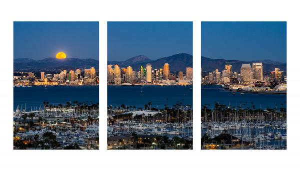 Full Moon Rising Over The San Diego Skyline - 30"x60" Metal Triptych picture