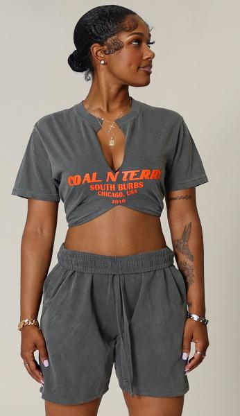 DARK GREY N ORANGE BURBS SLIT TEE picture