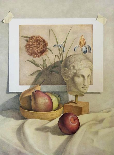 Greek Bust with Botanical Illustration