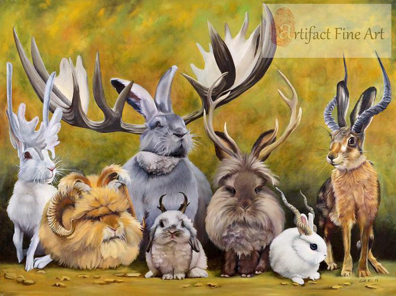 “Jackalopes of the World” Original Oil on Canvas. 30 x40 inch with narrow black floater frame