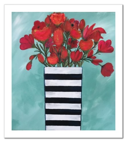 Red Flowers in Striped Vase - Print picture