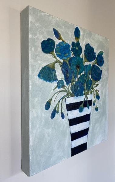 "Blue Whimsy" Blue Flowers in Striped Vase picture