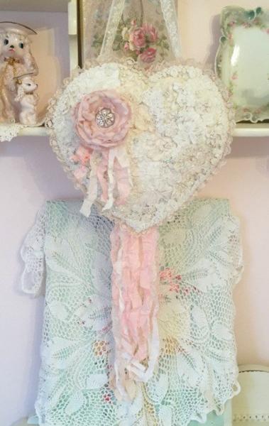 Vintage Lace Heart with Silk Rose Brooch picture