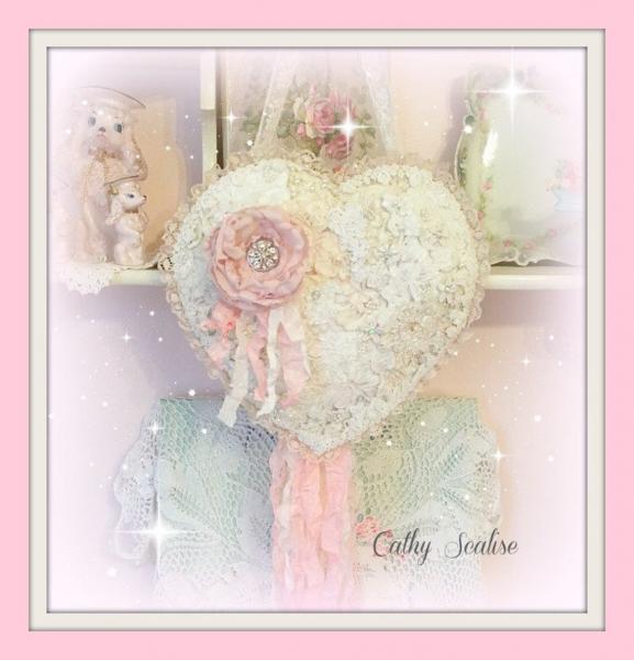 Vintage Lace Heart with Silk Rose Brooch picture