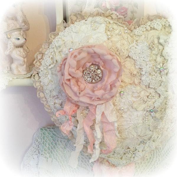 Vintage Lace Heart with Silk Rose Brooch picture