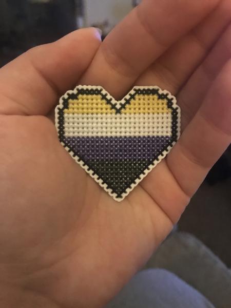 Nonbinary Cross Stitch Heart Pin