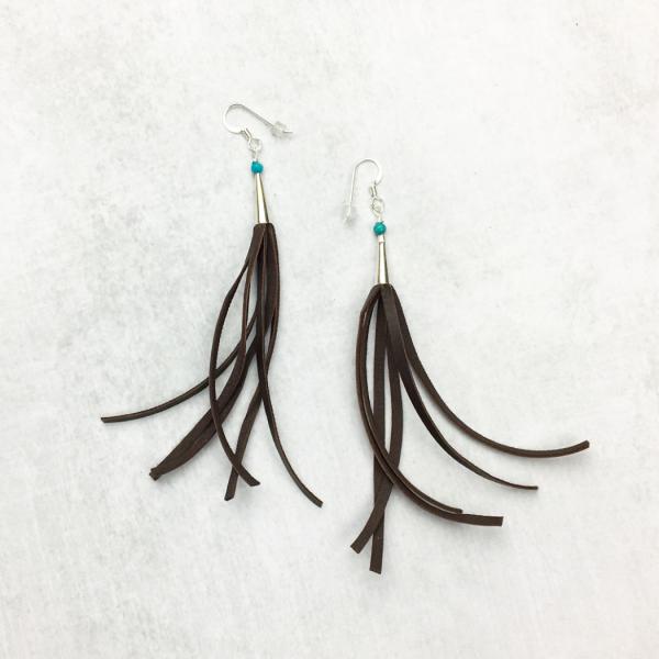 Long Leather Fringe Earrings with Sterling Silver picture