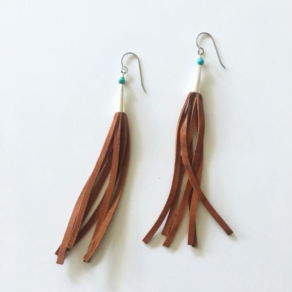 Long Leather Fringe Earrings with Sterling Silver picture