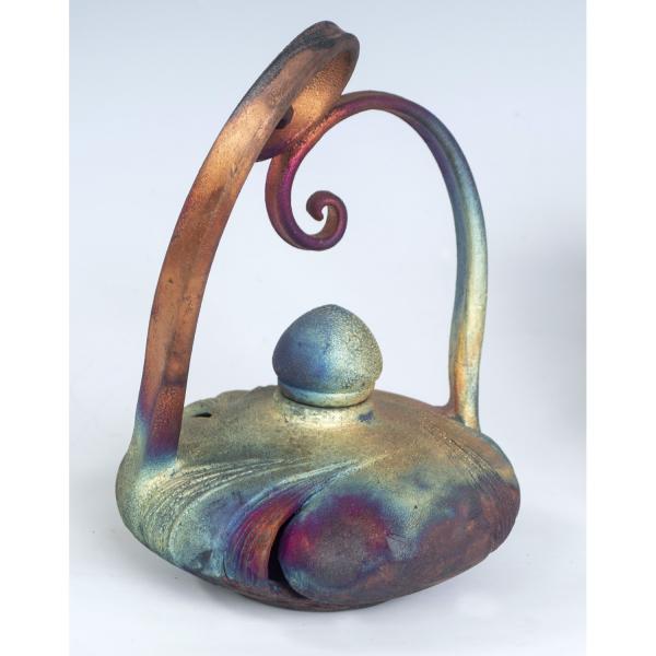 Vase lidded with double swirled handles Raku-fired
