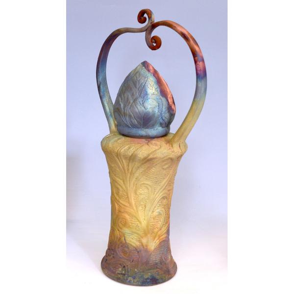 Tall Bottle lidded with double handles Raku-fired